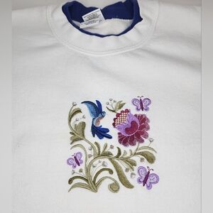 Vintage 90s Embroidered Hummingbird Flowers Sweatshirt Womens Large Grandmacore